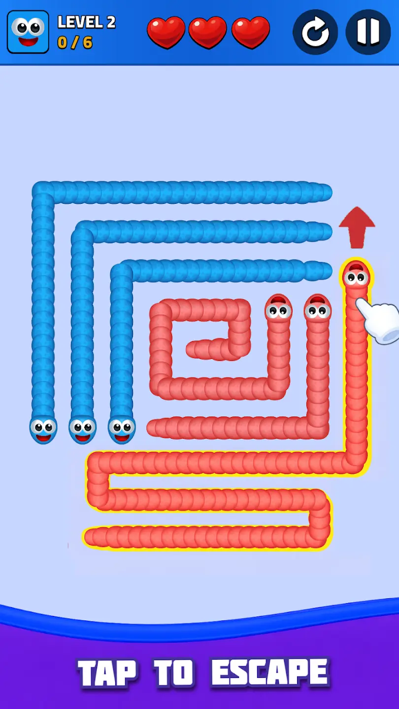 Snake Out gameplay showing maze puzzle level with colorful snakes and escape path solution