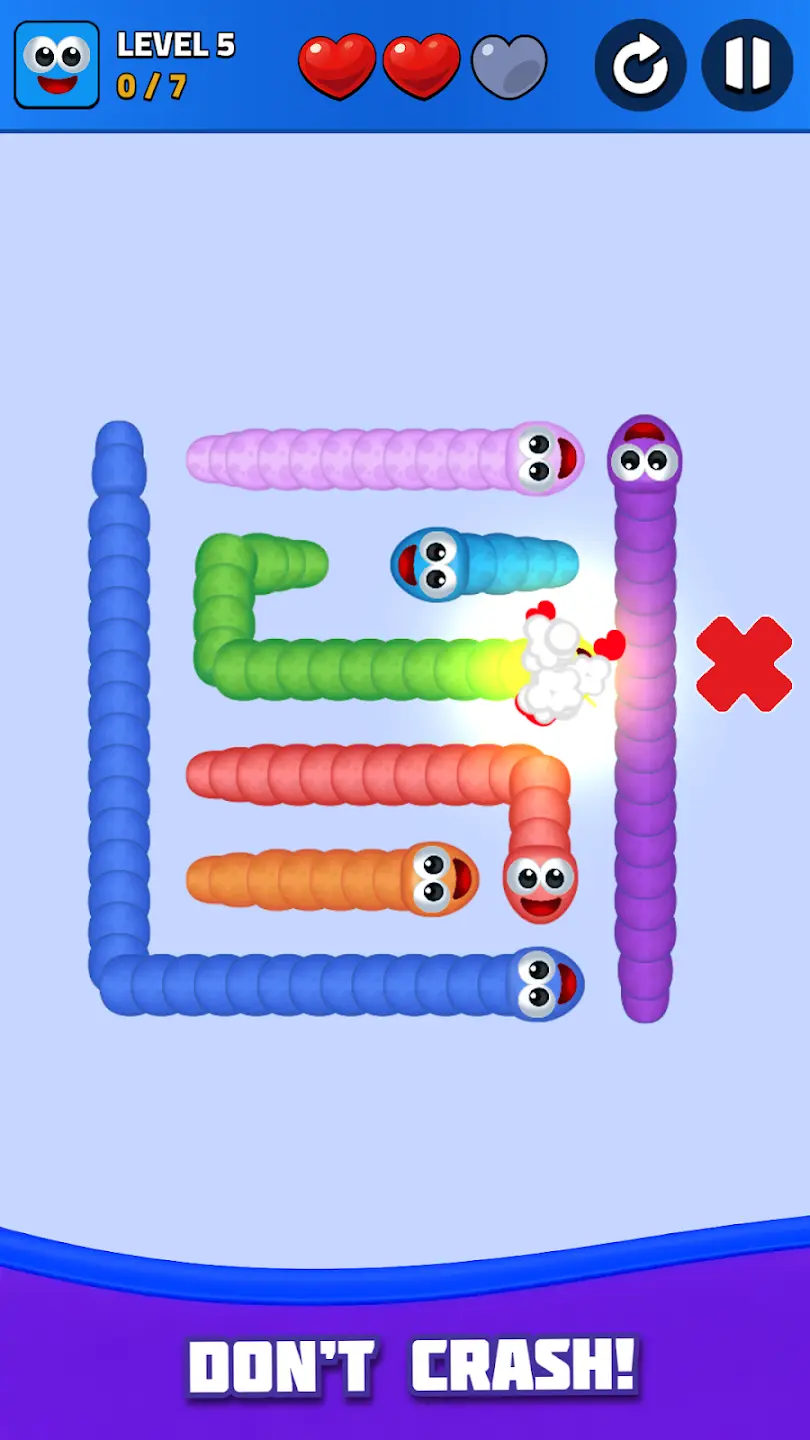 Snake Escape gameplay level 5 – colorful worms puzzle game avoiding collisions