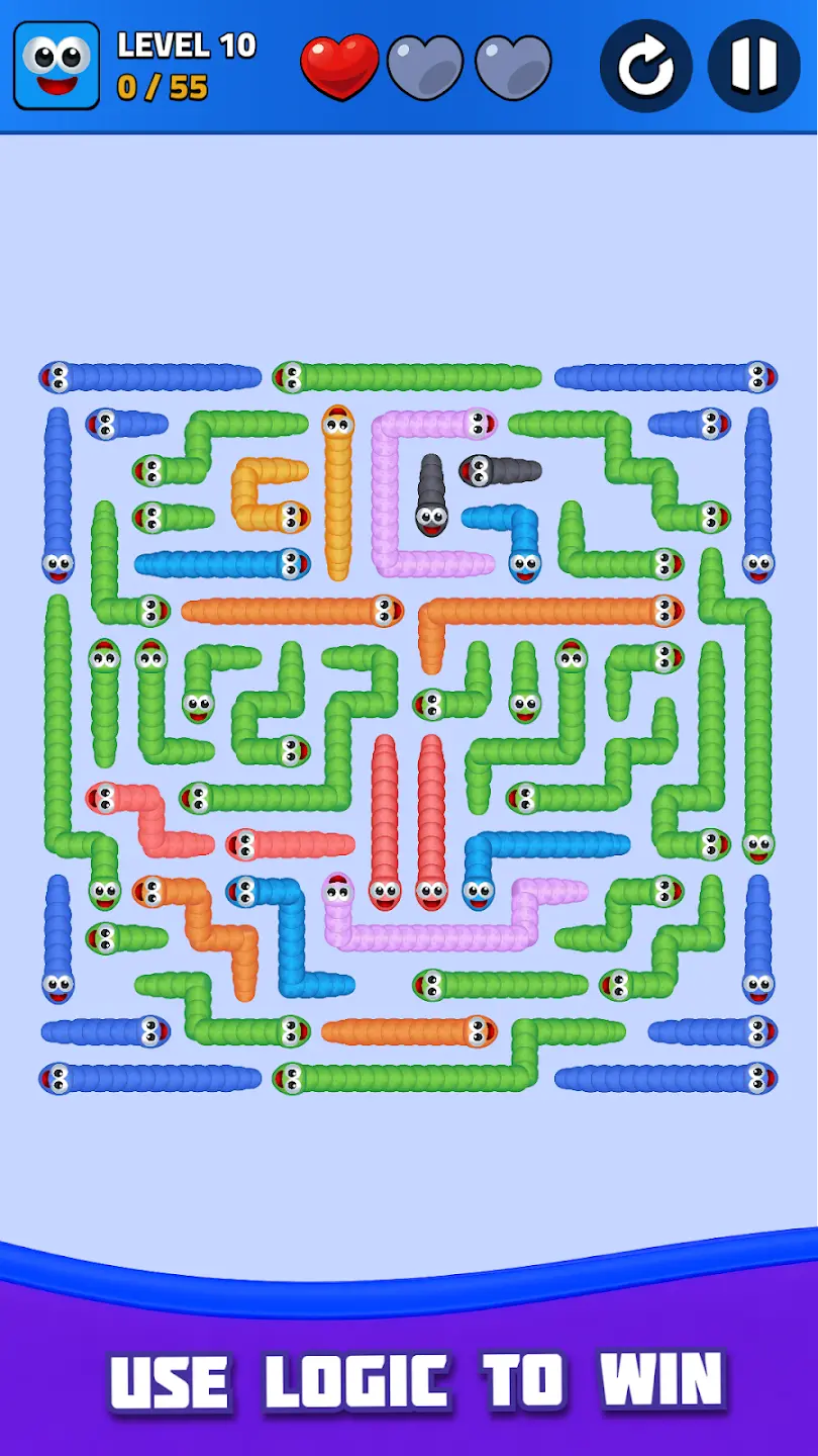 Snake Escape gameplay level 10 – logic puzzle with colorful worms requiring strategy to solve