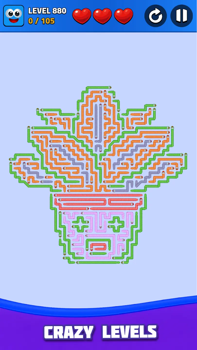 Snake Escape gameplay level 880 – complex flower-shaped maze puzzle with colorful worms