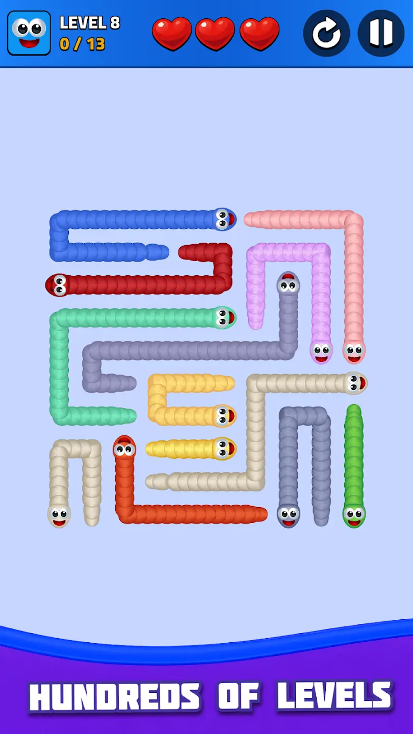 Snake Escape gameplay level 8 – colorful puzzle with multiple worms showcasing hundreds of levels