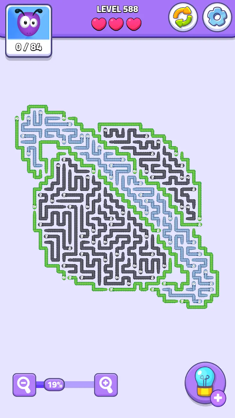 Worm Escape level 588 planet shaped puzzle maze with multiple worms and complex paths gameplay
