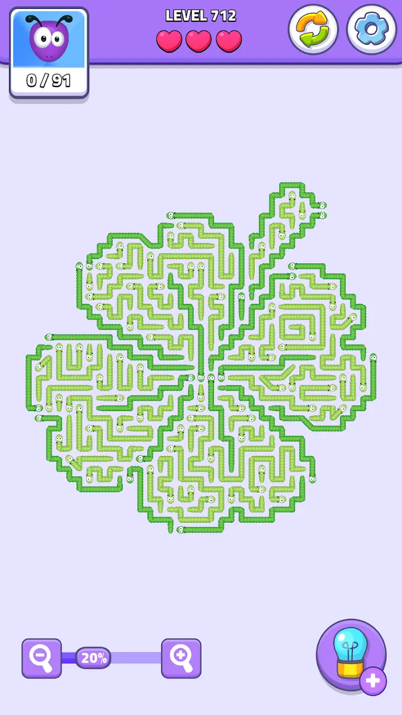 Worm Escape level 712 clover shaped puzzle maze with green worms and complex paths gameplay