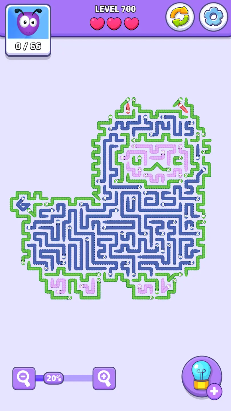 Worm Escape level 700 llama shaped puzzle maze with multiple colored worms gameplay