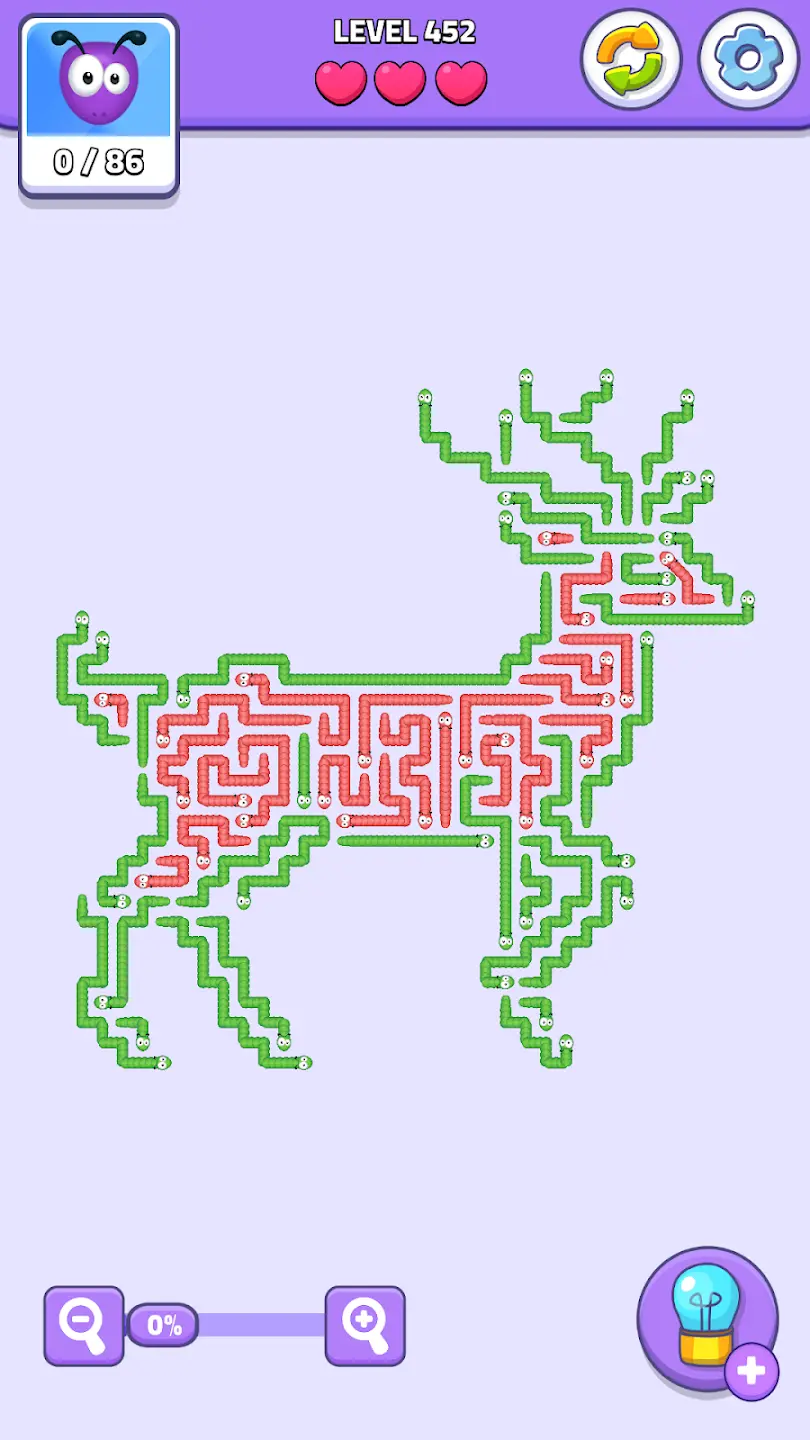 Worm Escape level 452 deer shaped puzzle maze with multiple worms gameplay