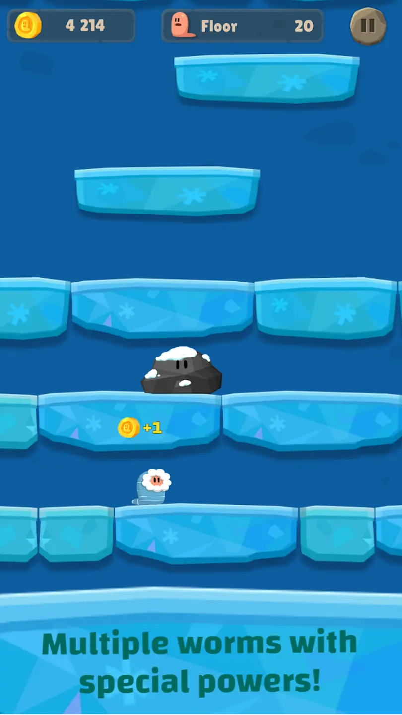 Worm Bounce Kimo character gameplay in a winter world with icy platforms and special powers